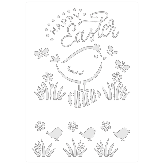 Reusable Stencil - Professional Quality - Happy Easter Chick & Egg - Made in the UK - Food Safe Non Adhesive -  White Laser Cut PET Material for Cakes, Cookies, Coffees, Serving Plates