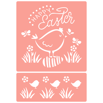 Reusable Stencil - Professional Quality - Happy Easter Chick & Egg - Made in the UK - High Adhesive -  Pink Vinyl Material for Glass, Mirrors, Bottles, Tiles, Wood