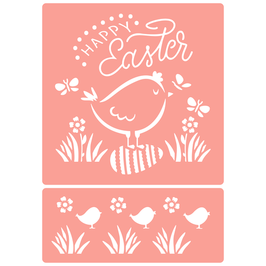 Reusable Stencil - Professional Quality - Happy Easter Chick & Egg - Made in the UK - High Adhesive -  Pink Vinyl Material for Glass, Mirrors, Bottles, Tiles, Wood