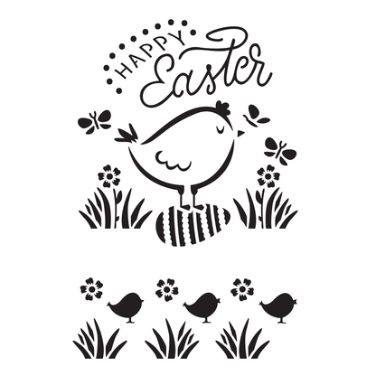 Reusable Stencil - Professional Quality - Happy Easter Chick & Egg - Made in the UK - Food Safe Non Adhesive -  White Laser Cut PET Material for Cakes, Cookies, Coffees, Serving Plates