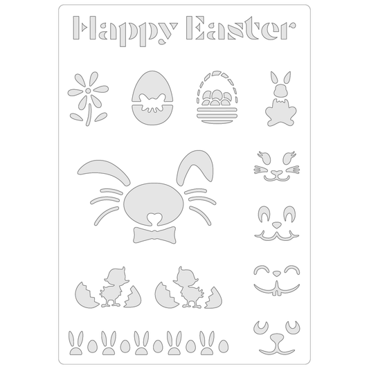 Reusable Stencil - Professional Quality - Happy Easter Collection - Made in the UK - Food Safe Non Adhesive -  White Laser Cut PET Material for Cakes, Cookies, Coffees, Serving Plates