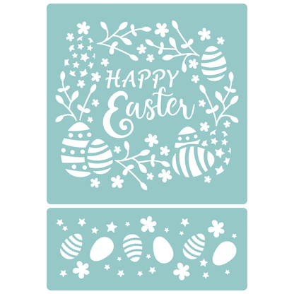 Reusable Stencil - Professional Quality - Happy Easter Wreath - Made in the UK - Low Adhesive -  Blue Vinyl Material for Cardmaking, Canvas, Paper, Interior Decor, Layering