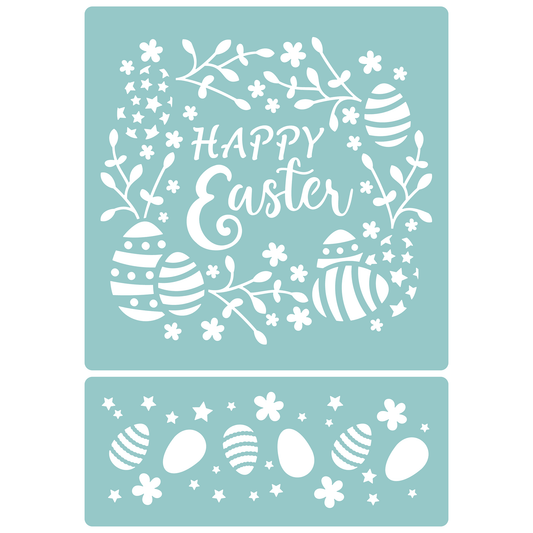 Reusable Stencil - Professional Quality - Happy Easter Wreath - Made in the UK - Low Adhesive -  Blue Vinyl Material for Cardmaking, Canvas, Paper, Interior Decor, Layering