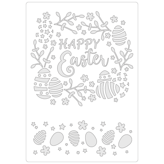 Reusable Stencil - Professional Quality - Happy Easter Wreath - Made in the UK - Food Safe Non Adhesive -  White Laser Cut PET Material for Cakes, Cookies, Coffees, Serving Plates