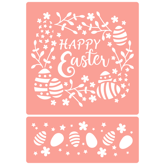 Reusable Stencil - Professional Quality - Happy Easter Wreath - Made in the UK - High Adhesive -  Pink Vinyl Material for Glass, Mirrors, Bottles, Tiles, Wood