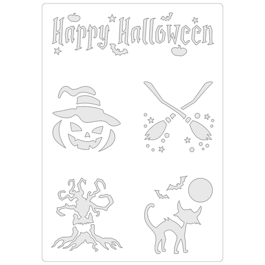 Reusable Stencil - Professional Quality - Happy Halloween Collection - Made in the UK - Food Safe Non Adhesive -  White Laser Cut PET Material for Cakes, Cookies, Coffees, Serving Plates