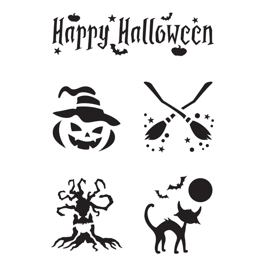 Reusable Stencil - Professional Quality - Happy Halloween Collection - Made in the UK - Food Safe Non Adhesive -  White Laser Cut PET Material for Cakes, Cookies, Coffees, Serving Plates