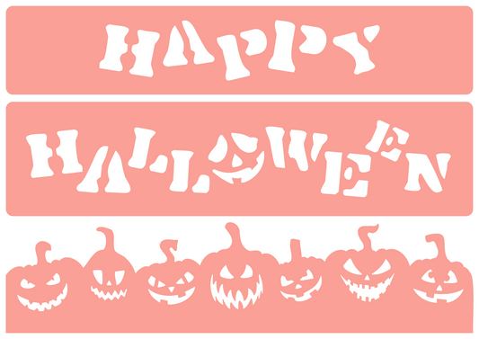 Happy Halloween Pumpkins | Reusable High-Adhesive Stencil | Pink Vinyl Material for Glass, Mirrors, Bottles, Tiles, Wood | Made in the UK