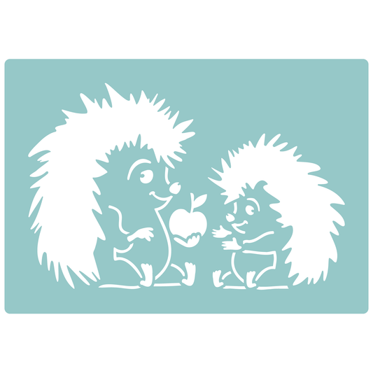 Reusable Stencil - Professional Quality - Hedgehogs & Apple - Made in the UK - Low Adhesive -  Blue Vinyl Material for Cardmaking, Canvas, Paper, Interior Decor, Layering