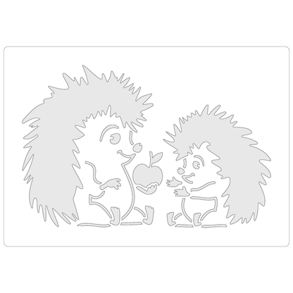 Reusable Stencil - Professional Quality - Hedgehogs & Apple - Made in the UK - Food Safe Non Adhesive -  White Laser Cut PET Material for Cakes, Cookies, Coffees, Serving Plates