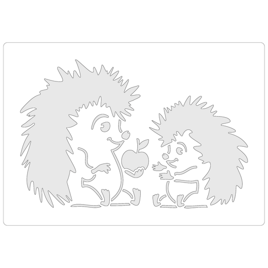 Reusable Stencil - Professional Quality - Hedgehogs & Apple - Made in the UK - Food Safe Non Adhesive -  White Laser Cut PET Material for Cakes, Cookies, Coffees, Serving Plates