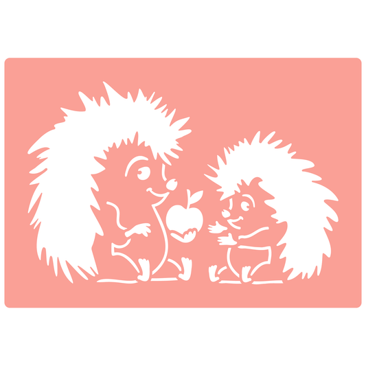 Reusable Stencil - Professional Quality - Hedgehogs & Apple - Made in the UK - High Adhesive -  Pink Vinyl Material for Glass, Mirrors, Bottles, Tiles, Wood