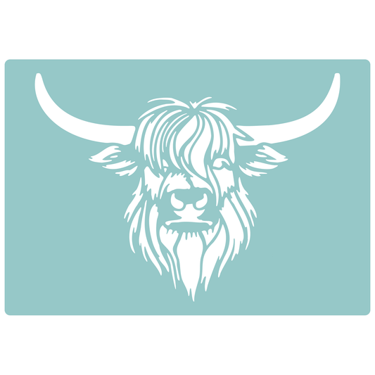 Reusable Stencil - Professional Quality - Highland Cow - Made in the UK - Low Adhesive -  Blue Vinyl Material for Cardmaking, Canvas, Paper, Interior Decor, Layering