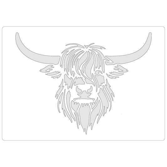 Reusable Stencil - Professional Quality - Highland Cow - Made in the UK - Food Safe Non Adhesive -  White Laser Cut PET Material for Cakes, Cookies, Coffees, Serving Plates