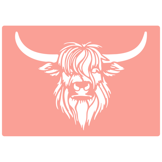 Reusable Stencil - Professional Quality - Highland Cow - Made in the UK - High Adhesive -  Pink Vinyl Material for Glass, Mirrors, Bottles, Tiles, Wood