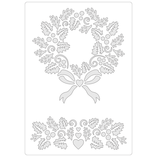 Reusable Stencil - Professional Quality - Holly Wreath - Made in the UK - Food Safe Non Adhesive -  White Laser Cut PET Material for Cakes, Cookies, Coffees, Serving Plates