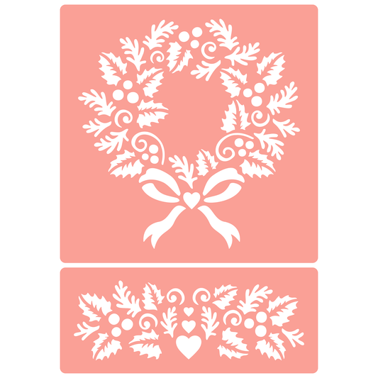 Reusable Stencil - Professional Quality - Holly Wreath - Made in the UK - High Adhesive -  Pink Vinyl Material for Glass, Mirrors, Bottles, Tiles, Wood