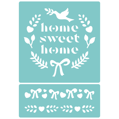 Reusable Stencil - Professional Quality - Home Sweet Home Wreath - Made in the UK - Low Adhesive -  Blue Vinyl Material for Cardmaking, Canvas, Paper, Interior Decor, Layering