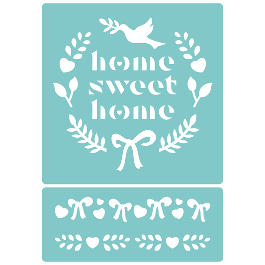 Reusable Stencil - Professional Quality - Home Sweet Home Wreath - Made in the UK - Low Adhesive -  Blue Vinyl Material for Cardmaking, Canvas, Paper, Interior Decor, Layering