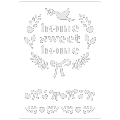 Reusable Stencil - Professional Quality - Home Sweet Home Wreath - Made in the UK - Food Safe Non Adhesive -  White Laser Cut PET Material for Cakes, Cookies, Coffees, Serving Plates