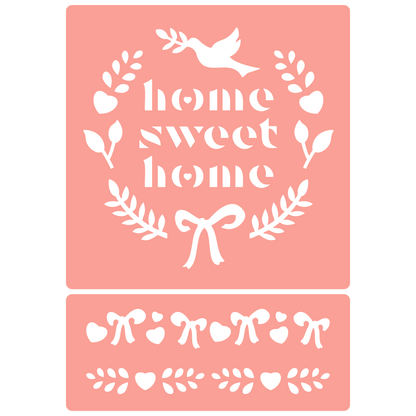 Reusable Stencil - Professional Quality - Home Sweet Home Wreath - Made in the UK - High Adhesive -  Pink Vinyl Material for Glass, Mirrors, Bottles, Tiles, Wood