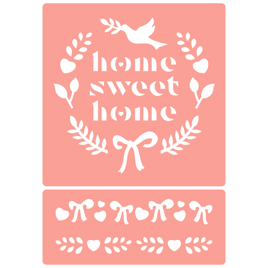 Reusable Stencil - Professional Quality - Home Sweet Home Wreath - Made in the UK - High Adhesive -  Pink Vinyl Material for Glass, Mirrors, Bottles, Tiles, Wood