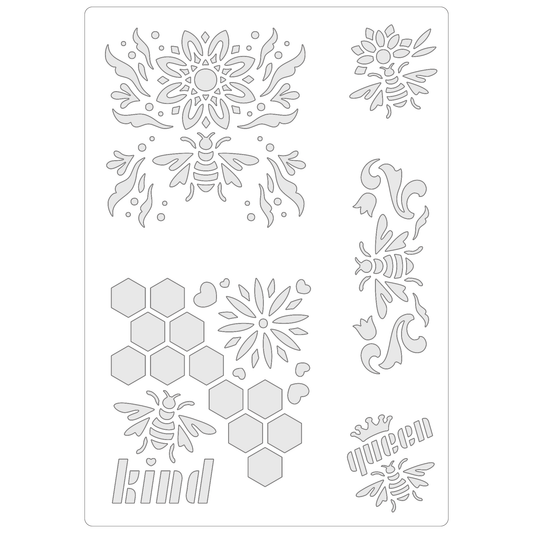 Reusable Stencil - Professional Quality - Honey Bee Selection #1 - Made in the UK - Food Safe Non Adhesive -  White Laser Cut PET Material for Cakes, Cookies, Coffees, Serving Plates