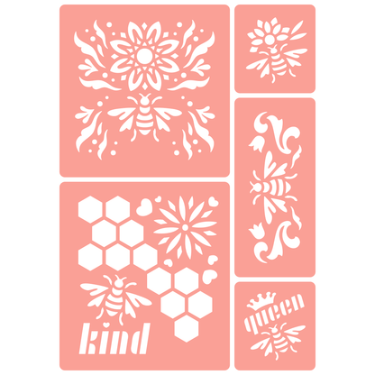 Reusable Stencil - Professional Quality - Honey Bee Selection #1 - Made in the UK - High Adhesive -  Pink Vinyl Material for Glass, Mirrors, Bottles, Tiles, Wood