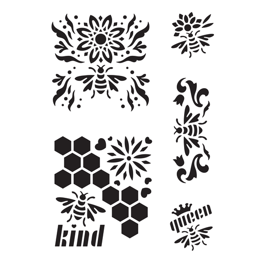 Reusable Stencil - Professional Quality - Honey Bee Selection #1 - Made in the UK - Food Safe Non Adhesive -  White Laser Cut PET Material for Cakes, Cookies, Coffees, Serving Plates