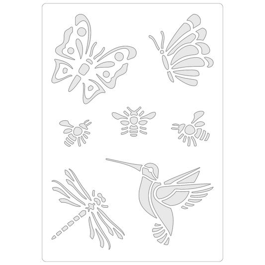 Reusable Stencil - Professional Quality - Hummingbird & Insects - Made in the UK - Food Safe Non Adhesive -  White Laser Cut PET Material for Cakes, Cookies, Coffees, Serving Plates