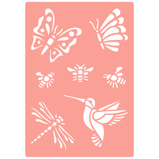 Reusable Stencil - Professional Quality - Hummingbird & Insects - Made in the UK - High Adhesive -  Pink Vinyl Material for Glass, Mirrors, Bottles, Tiles, Wood