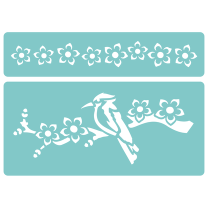 Reusable Stencil - Professional Quality - Kingfisher & Blossom - Made in the UK - Low Adhesive -  Blue Vinyl Material for Cardmaking, Canvas, Paper, Interior Decor, Layering