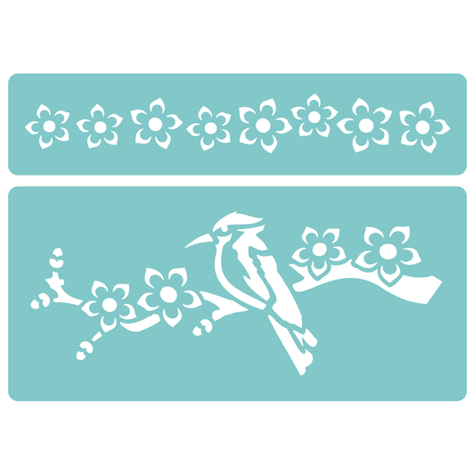 Reusable Stencil - Professional Quality - Kingfisher & Blossom - Made in the UK - Low Adhesive -  Blue Vinyl Material for Cardmaking, Canvas, Paper, Interior Decor, Layering