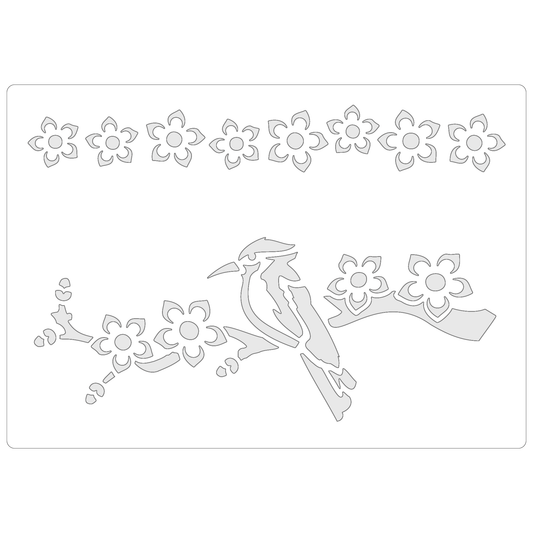 Reusable Stencil - Professional Quality - Kingfisher & Blossom - Made in the UK - Food Safe Non Adhesive -  White Laser Cut PET Material for Cakes, Cookies, Coffees, Serving Plates