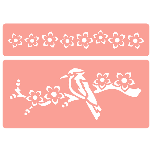 Reusable Stencil - Professional Quality - Kingfisher & Blossom - Made in the UK - High Adhesive -  Pink Vinyl Material for Glass, Mirrors, Bottles, Tiles, Wood