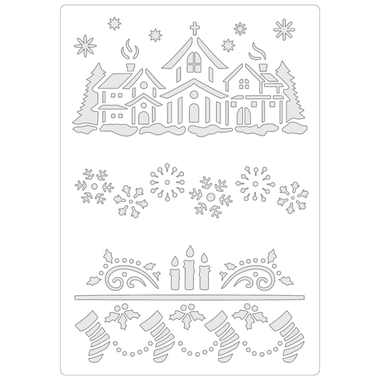 Reusable Stencil - Professional Quality - Large Christmas Collection - Made in the UK - Food Safe Non Adhesive -  White Laser Cut PET Material for Cakes, Cookies, Coffees, Serving Plates