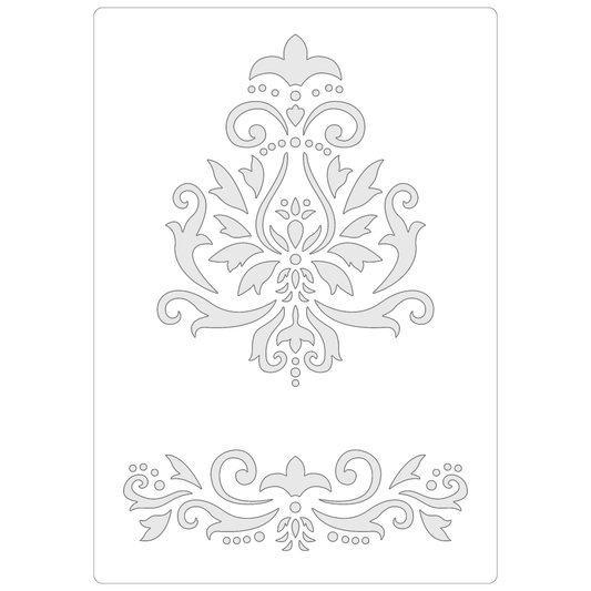 Reusable Stencil - Professional Quality - Large Damask Motif - Made in the UK - Food Safe Non Adhesive -  White Laser Cut PET Material for Cakes, Cookies, Coffees, Serving Plates