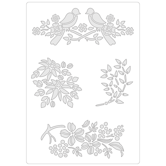 Reusable Stencil - Professional Quality - Love Birds & Branches - Made in the UK - Food Safe Non Adhesive -  White Laser Cut PET Material for Cakes, Cookies, Coffees, Serving Plates