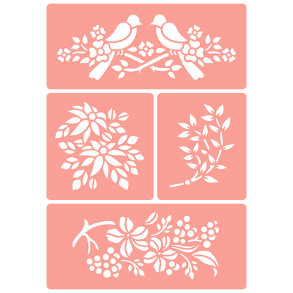 Reusable Stencil - Professional Quality - Love Birds & Branches - Made in the UK - High Adhesive -  Pink Vinyl Material for Glass, Mirrors, Bottles, Tiles, Wood