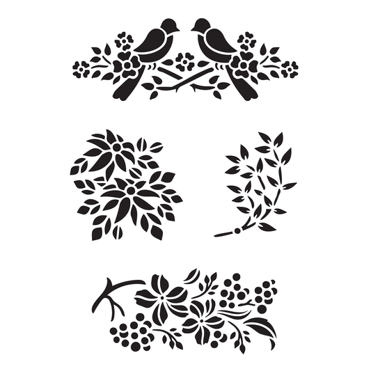 Reusable Stencil - Professional Quality - Love Birds & Branches - Made in the UK - Food Safe Non Adhesive -  White Laser Cut PET Material for Cakes, Cookies, Coffees, Serving Plates