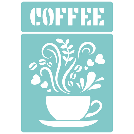 Reusable Stencil - Professional Quality - Love Coffee - Made in the UK - Low Adhesive -  Blue Vinyl Material for Cardmaking, Canvas, Paper, Interior Decor, Layering