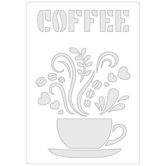 Reusable Stencil - Professional Quality - Love Coffee - Made in the UK - Food Safe Non Adhesive -  White Laser Cut PET Material for Cakes, Cookies, Coffees, Serving Plates