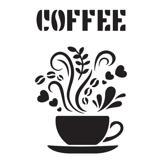 Reusable Stencil - Professional Quality - Love Coffee - Made in the UK - Food Safe Non Adhesive -  White Laser Cut PET Material for Cakes, Cookies, Coffees, Serving Plates