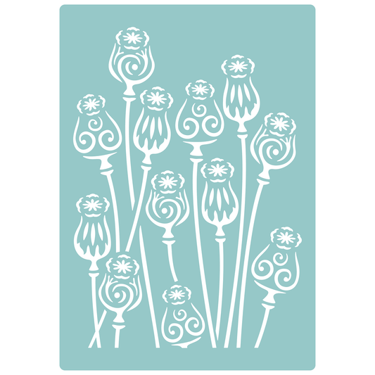 Reusable Stencil - Professional Quality - Magical Poppy Heads - Made in the UK - Low Adhesive -  Blue Vinyl Material for Cardmaking, Canvas, Paper, Interior Decor, Layering