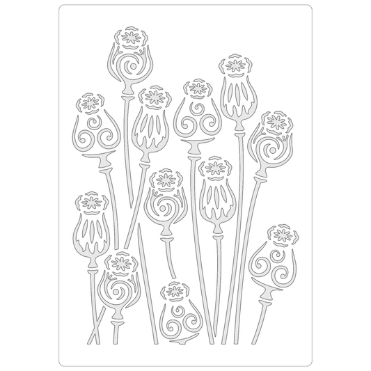 Reusable Stencil - Professional Quality - Magical Poppy Heads - Made in the UK - Food Safe Non Adhesive -  White Laser Cut PET Material for Cakes, Cookies, Coffees, Serving Plates