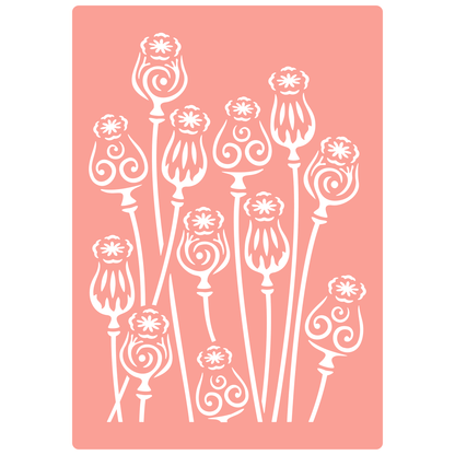 Reusable Stencil - Professional Quality - Magical Poppy Heads - Made in the UK - High Adhesive -  Pink Vinyl Material for Glass, Mirrors, Bottles, Tiles, Wood
