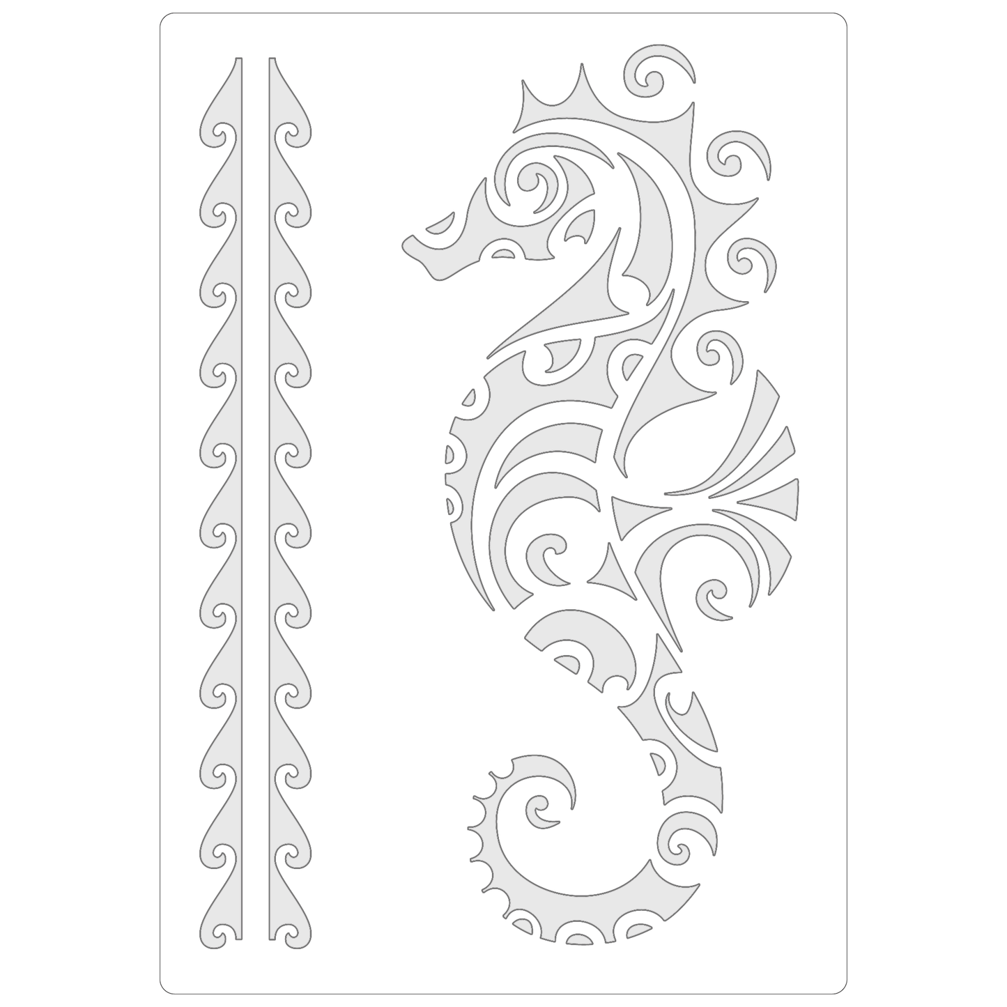 Reusable Stencil - Professional Quality - Maori Seahorse - Made in the UK - Food Safe Non Adhesive -  White Laser Cut PET Material for Cakes, Cookies, Coffees, Serving Plates