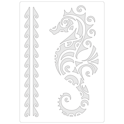 Reusable Stencil - Professional Quality - Maori Seahorse - Made in the UK - Food Safe Non Adhesive -  White Laser Cut PET Material for Cakes, Cookies, Coffees, Serving Plates