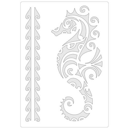 Reusable Stencil - Professional Quality - Maori Seahorse - Made in the UK - Food Safe Non Adhesive -  White Laser Cut PET Material for Cakes, Cookies, Coffees, Serving Plates