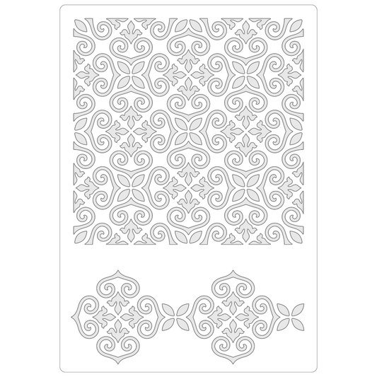 Reusable Stencil - Professional Quality - Mediterranean Tile Background - Made in the UK - Food Safe Non Adhesive -  White Laser Cut PET Material for Cakes, Cookies, Coffees, Serving Plates